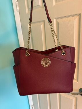 Structured Burgundy Tote with Gold Chain Straps